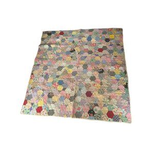 Vintage Handmade Patchwork Quilt Blanket 60x60 Inches Diamond Hexagon Multicolor